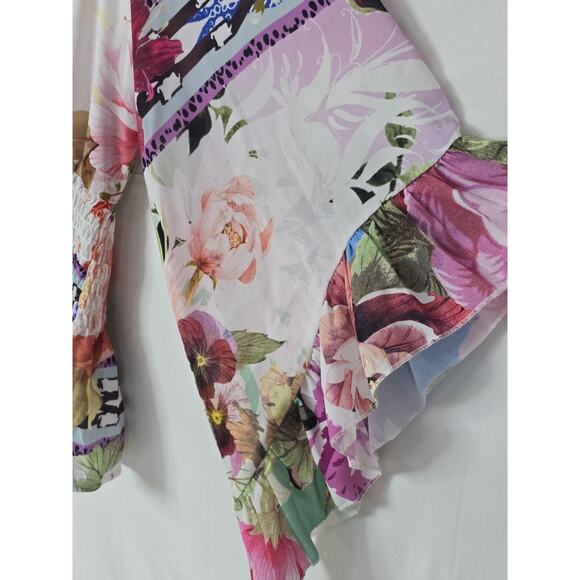White Pink Floral Print Venus Elastic Hem V-Neck Flutter Sleeve US Size 12 - Picture 3 of 6
